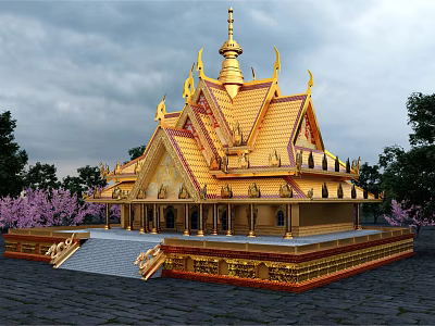 Traditional Golden Thai Temple With Ornate Roof And Purple Flowers 3d model