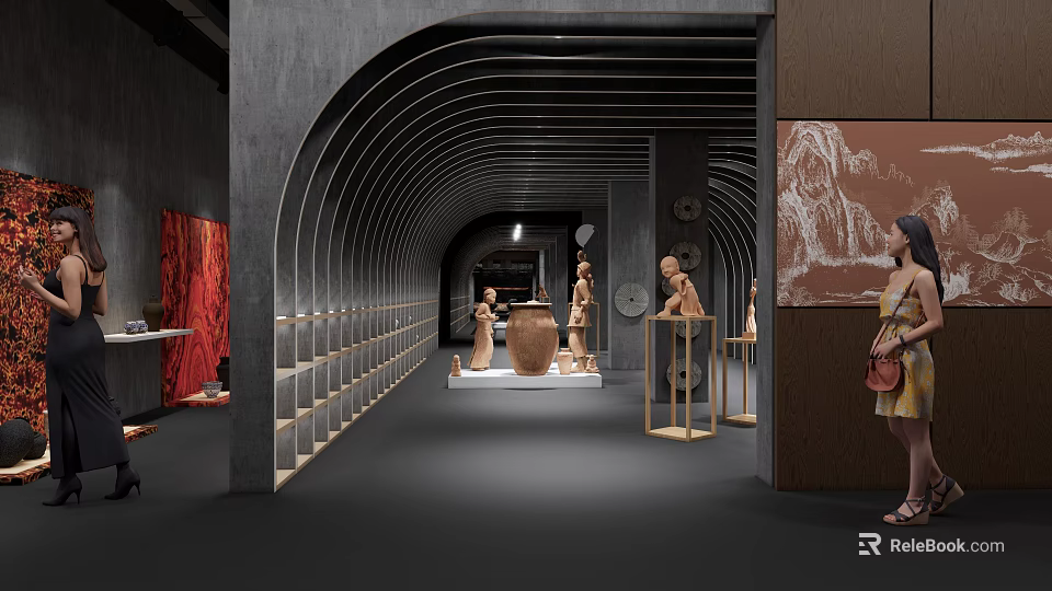Traditional Art Exhibition Hall With Arched Structure Wooden Shelves Sculptures And Visitor Viewing Artworks 3d model 