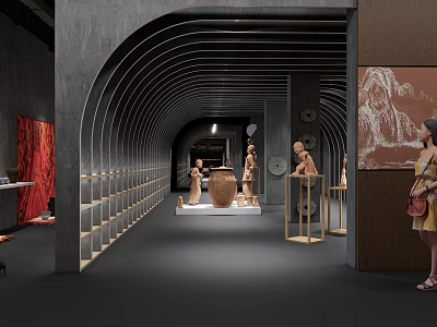 Traditional Art Exhibition Hall With Arched Structure Wooden Shelves Sculptures And Visitor Viewing Artworks 3d model