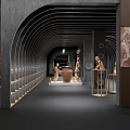Traditional Art Exhibition Hall With Arched Structure Wooden Shelves Sculptures And Visitor Viewing Artworks
