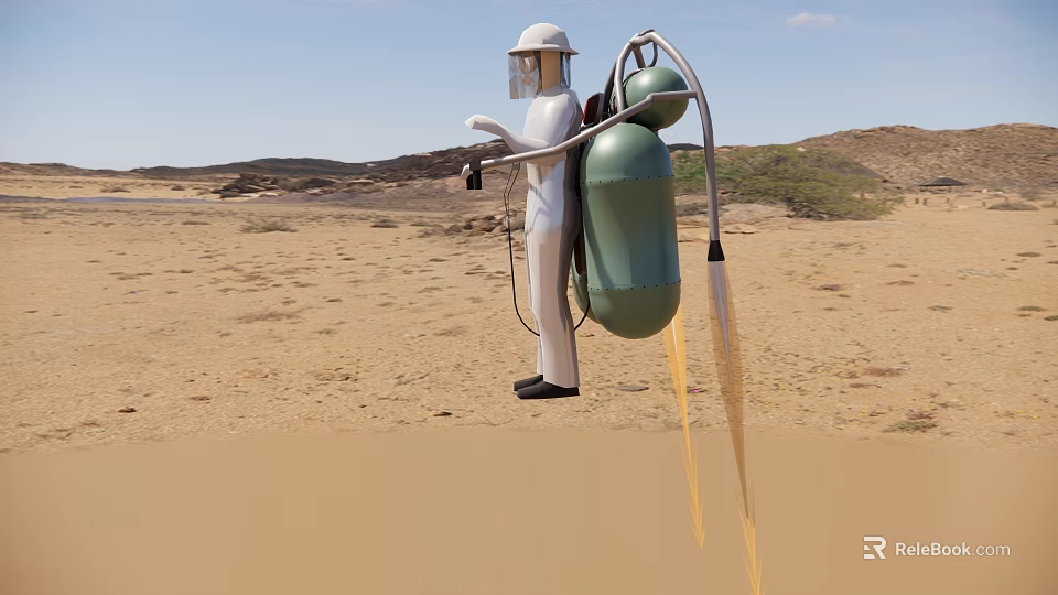 Green Backpack Container Box With Gas Cylinders On White Spacesuit Figure In Desert Landscape With Mountains And Blue Sky 3d model 