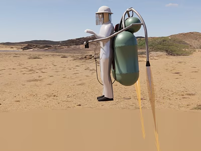 Green Backpack Container Box With Gas Cylinders On White Spacesuit Figure In Desert Landscape With Mountains And Blue Sky 3d model