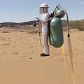 Green Backpack Container Box With Gas Cylinders On White Spacesuit Figure In Desert Landscape With Mountains And Blue Sky
