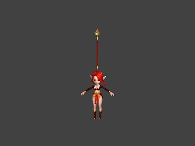 Adventurous Fantasy Game Character Red Haired Elf Female With Spear And Warrior Outfit 3d model