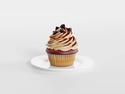 Freshly Baked Cupcake With Swirled Cream Frosting And Chocolate Toppings On White Plate 3d model