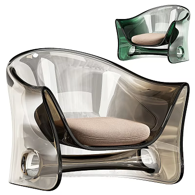 Transparent and Green Modern Single Sofa with Acrylic Frame and Beige Cushion Design 3d model
