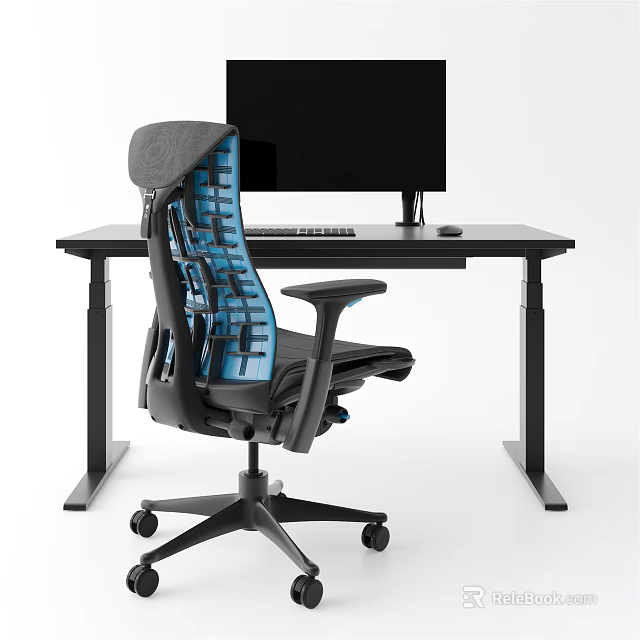 Modern Black Office Desk With Monitor Keyboard Mouse And Ergonomic Blue Mesh Chair 3d model 