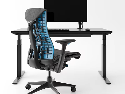 Modern Black Office Desk With Monitor Keyboard Mouse And Ergonomic Blue Mesh Chair 3d model
