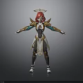 Woman With Red Hair And Halo In Ornate Gold Green Armor Standing With Outstretched Arms