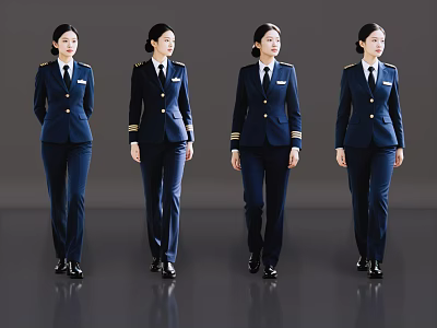 Women in Navy Blue Professional Uniforms with Gold Epaulets and Badges 3d model