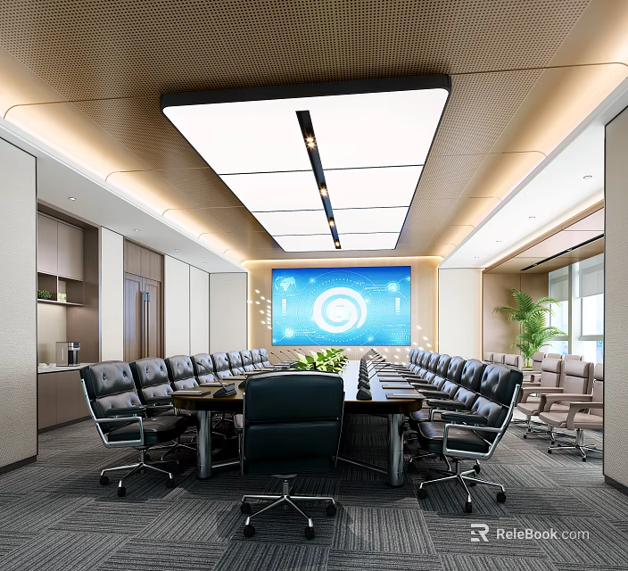 Modern Conference Room With Large Table Black Leather Chairs Large Screen Blue Logo Ceiling Lighting 3d model 