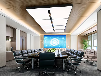 Modern Conference Room With Large Table Black Leather Chairs Large Screen Blue Logo Ceiling Lighting 3d model