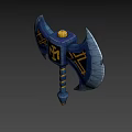 Blue And Yellow Double Bladed Axe With M Logo And Decorative Patterns 3d model