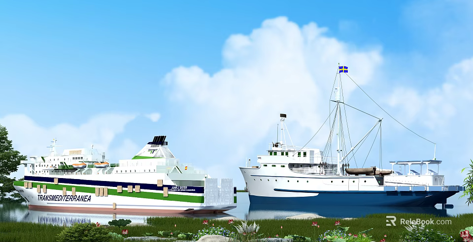 Modern Ferry and Vintage Sailing Boat on Calm Water with Blue Sky White Clouds 3d model 