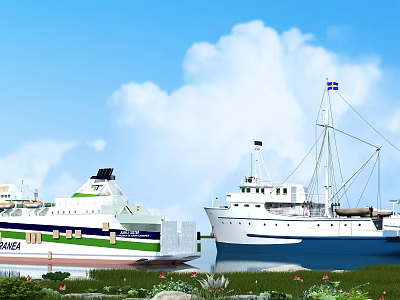 Modern Ferry and Vintage Sailing Boat on Calm Water with Blue Sky White Clouds 3d model