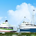 Modern Ferry and Vintage Sailing Boat on Calm Water with Blue Sky White Clouds
