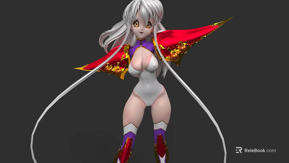 Game And Movie Character With Silver Long Hair Golden Eyes And Red Purple Cape 3d model 