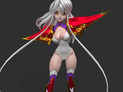 Game And Movie Character With Silver Long Hair Golden Eyes And Red Purple Cape 3d model
