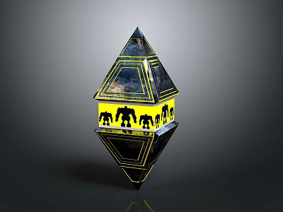 Futuristic Geometric Polyhedron Sculpture With Yellow Black Mechanical Silhouettes And Starry Patterns 3d model