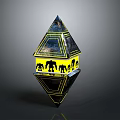 Futuristic Geometric Polyhedron Sculpture With Yellow Black Mechanical Silhouettes And Starry Patterns