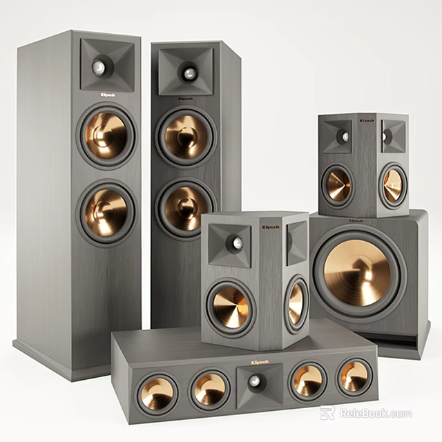 Home Audio Speaker System With Floorstanding Bookshelf Subwoofer Gray Finish And Golden Drivers 3d model 