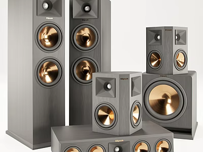 Home Audio Speaker System With Floorstanding Bookshelf Subwoofer Gray Finish And Golden Drivers 3d model