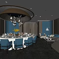 Luxurious Private Dining Room Interior With Round Table Blue Chairs Green Walls And Chandelier