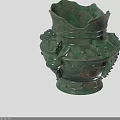 Ancient Green Bronze Landscape Sculpture With Carved Dragon Shaped Decorations And Wavy Rim