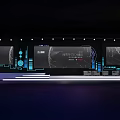 Modern Technology Conference Stage Featuring Large Screens INNOVATION Text World Grid And Digital Graphics