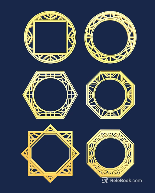 Golden Geometric Frames With Various Shapes On Dark Blue Background 3d model 