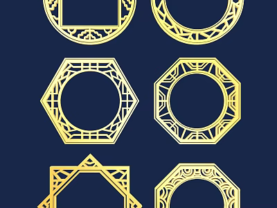 Golden Geometric Frames With Various Shapes On Dark Blue Background 3d model