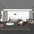 Modern Living and Dining Room With Beige Sofa Coffee Table Floor to Ceiling Windows