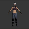 Woman With White Hair Wearing Mask Purple Top Black Gloves Blue Jeans And Black Boots