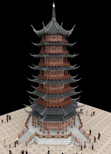 Traditional Multi Story Pagoda With Curved Eaves People Gathered At Base On Stone Ground 3d model 