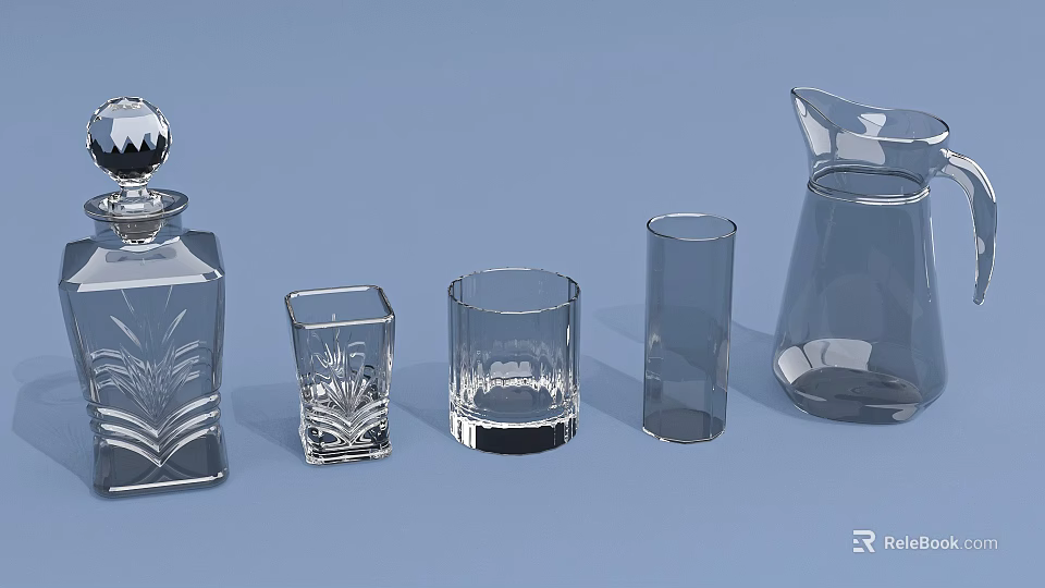 Transparent Glass Cups In Various Stylish Shapes Along With Decorative Bottles 3d model 