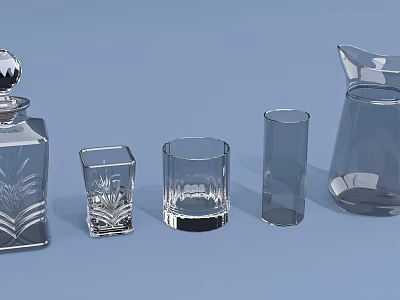 Transparent Glass Cups In Various Stylish Shapes Along With Decorative Bottles 3d model