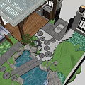 Courtyard Garden Design With Wooden Deck Circular Stepping Stones Water Pond And Lush Greenery