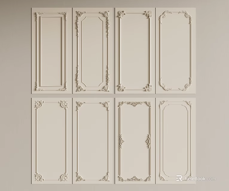 Traditional Style Decorative Light Colored Wall Panels With Ornate Frame Designs 3d model 