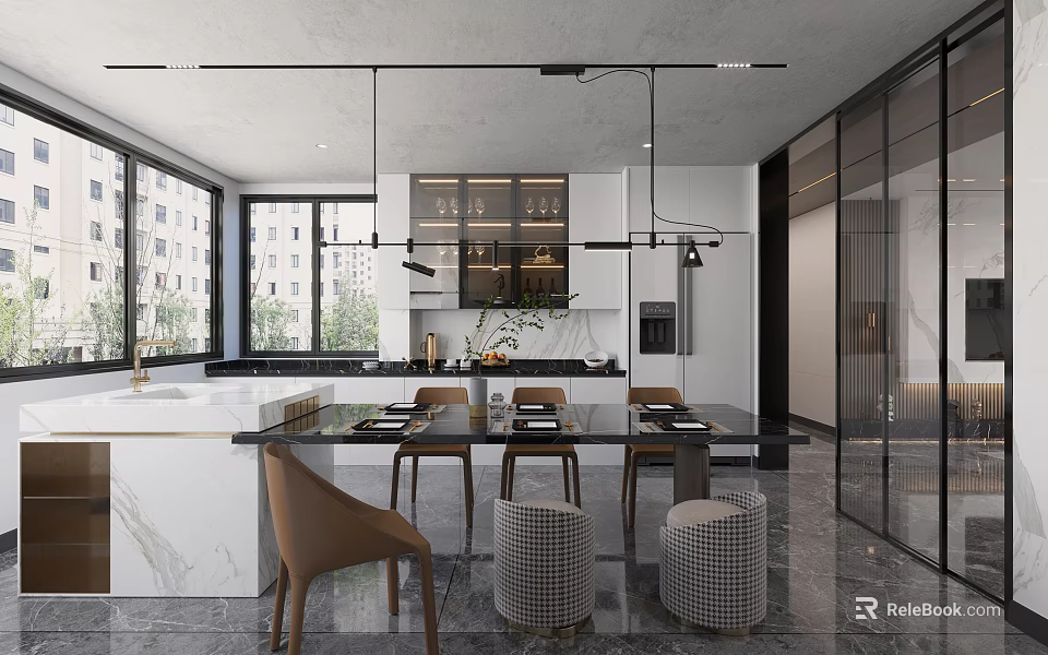 Modern Open Concept Restaurant Interior With Dining Table Leather Chairs And Pendant Lights 3d model 