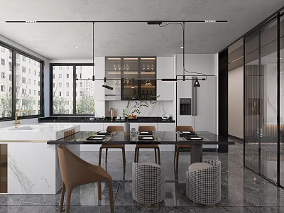 Modern Open Concept Restaurant Interior With Dining Table Leather Chairs And Pendant Lights 3d model