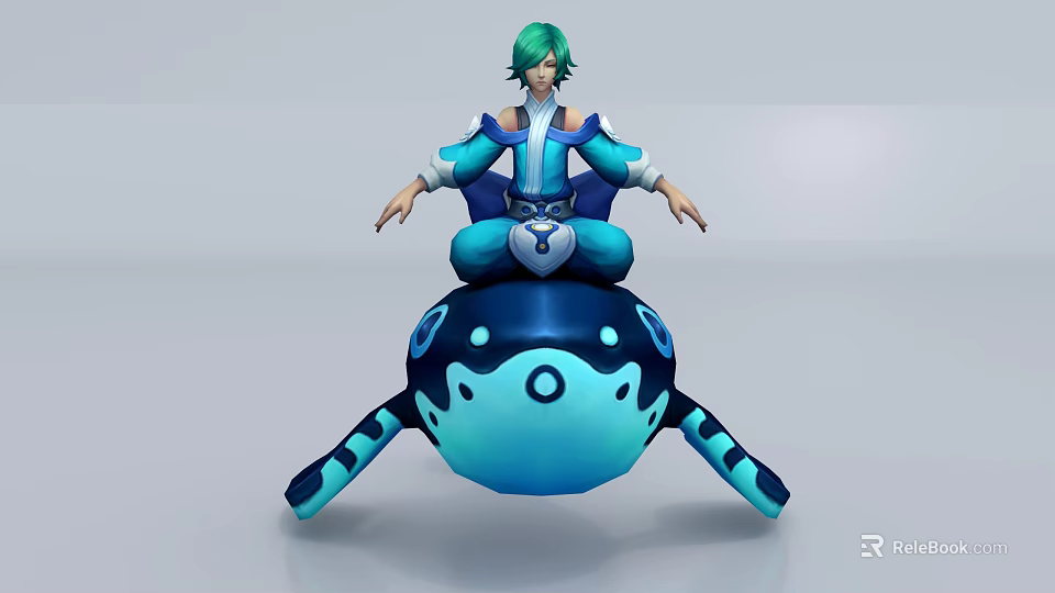Green Haired Man Sitting On Blue Mechanical Creature With Black Patterns In 3D Design 3d model