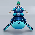 Green Haired Man Sitting On Blue Mechanical Creature With Black Patterns In 3D Design 3d model
