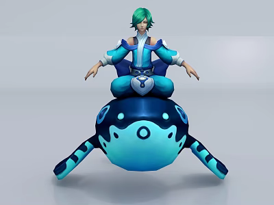 Green Haired Man Sitting On Blue Mechanical Creature With Black Patterns In 3D Design 3d model