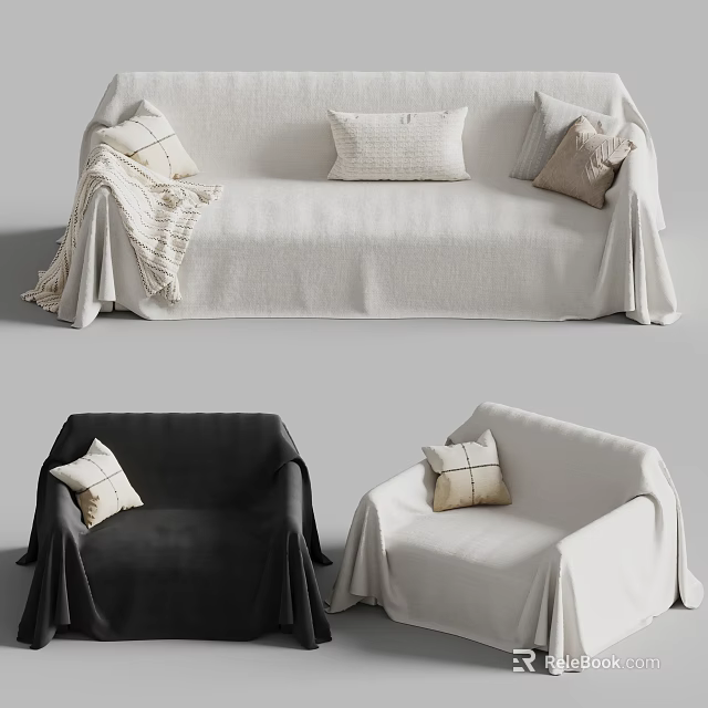 Cozy Multi Person Sofa With Decorative Pillows Throw Blanket And White Black Upholstery Design 3d model 