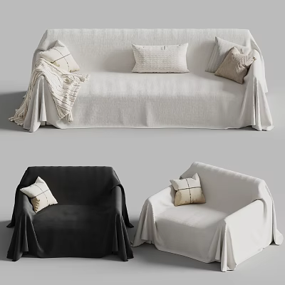 Cozy Multi Person Sofa With Decorative Pillows Throw Blanket And White Black Upholstery Design 3d model