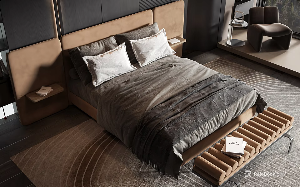 Double Bed Modern Bedroom Design With Gray Bedspread White Pillows And Beige Headboard 3d model 