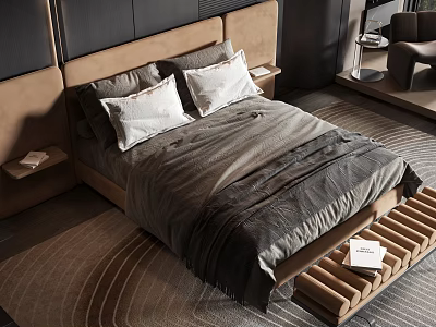 Double Bed Modern Bedroom Design With Gray Bedspread White Pillows And Beige Headboard 3d model