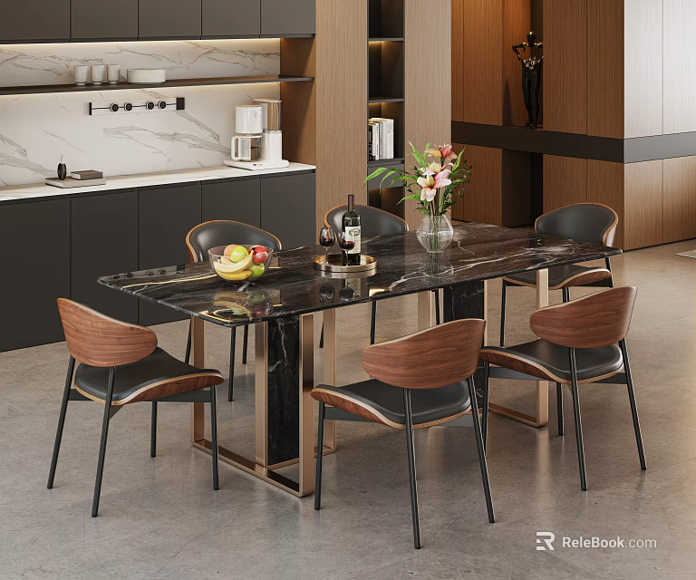 Modern Dining Table Set With Marble Top And Wooden Chairs For Contemporary Kitchen 3d model 