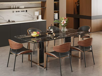 Modern Dining Table Set With Marble Top And Wooden Chairs For Contemporary Kitchen 3d model