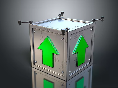 Metallic Cube Structure With Green Arrows And Mounting Brackets 3d model